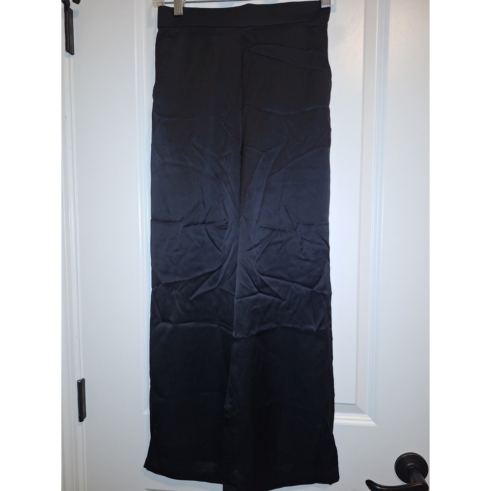 Ravella Black 100% Pure Silk Wide Leg Pants XS-P Elastic Waist Satin Trousers